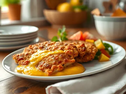 Putenschnitzel in Cornflakes-Kruste mit Ananas-Curry-Soße