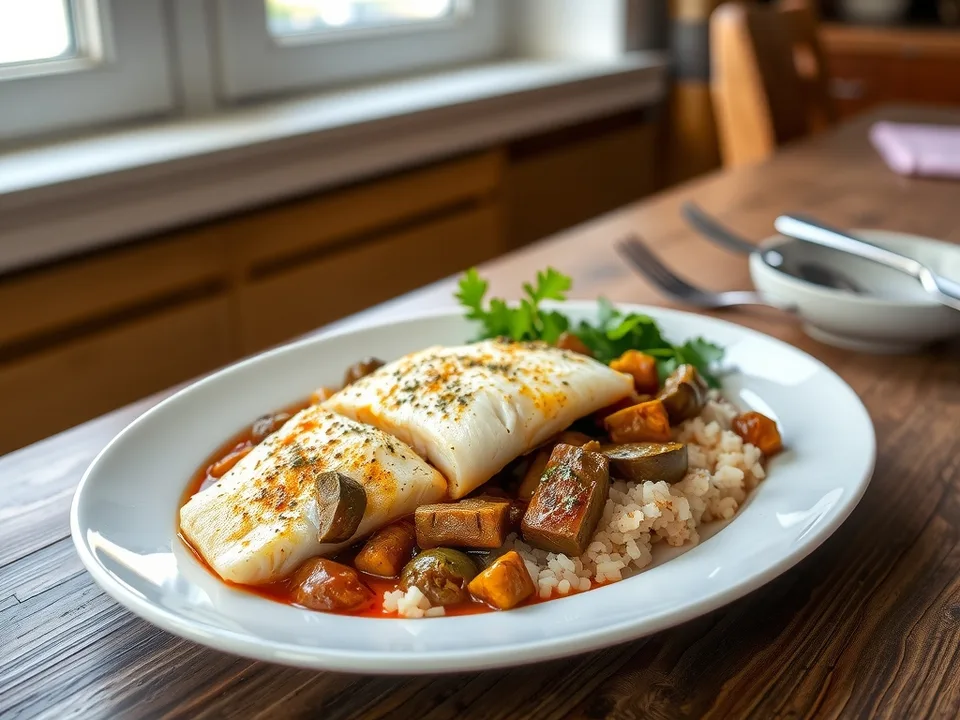 Fisch Tandoori mit Auberginencurry und Reis