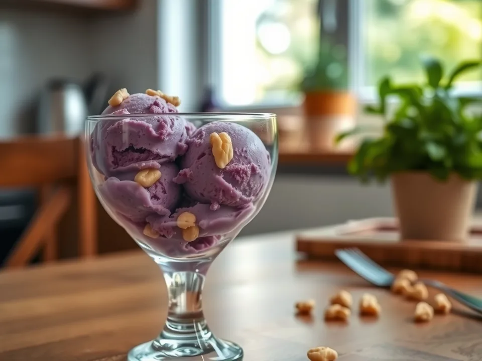 Blaubeer-Joghurt-Eis mit Pecannuss-Krokant