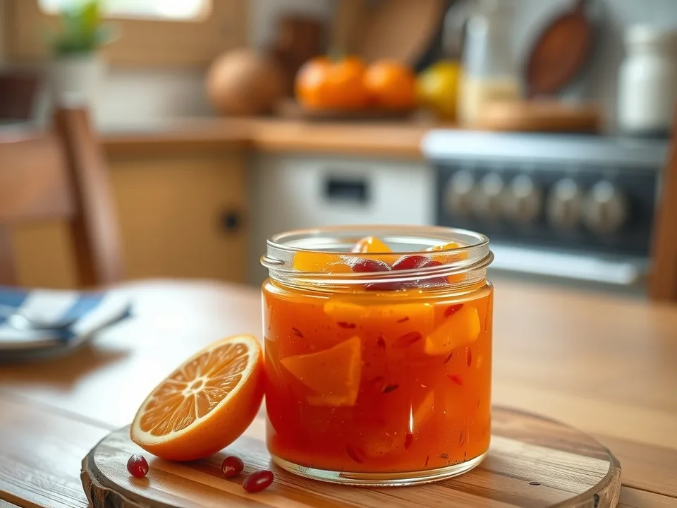 Orangenmarmelade mit Granatapfel und feinen Schalenstreifen