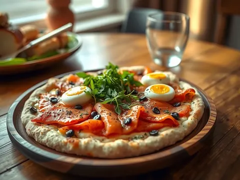 Pizza mit Lachs und Wachteleiern