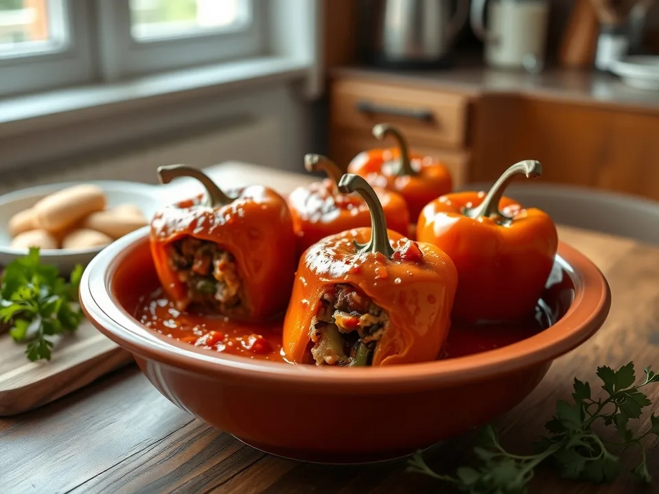 Gefüllte Spitzpaprika aus dem Ofen in Tomatensoße