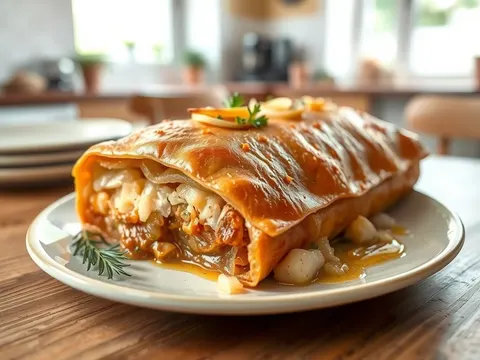 Sauerkrautstrudel mit Zwiebeln, Apfel und Kümmel